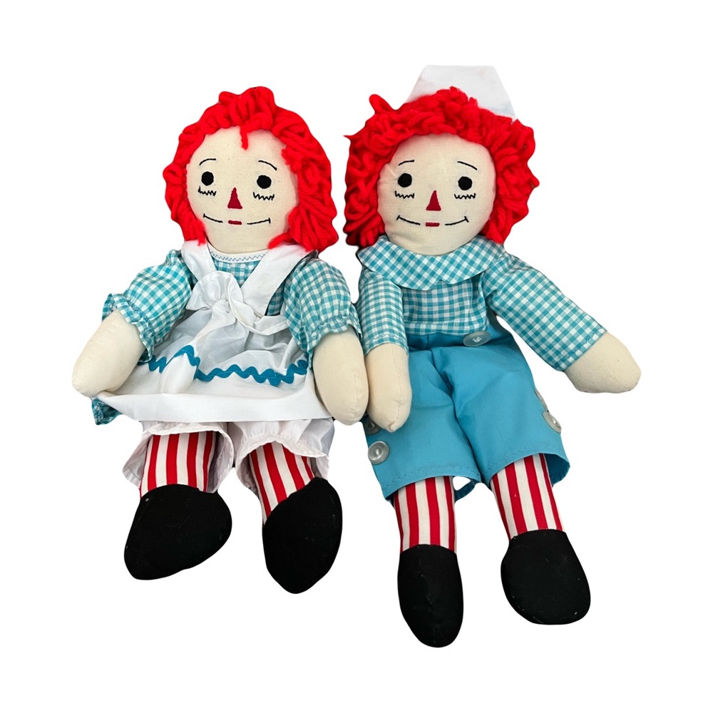 Vintage Handmade Raggedy Ann & Andy Doll Set with Blue White Removable Outfits